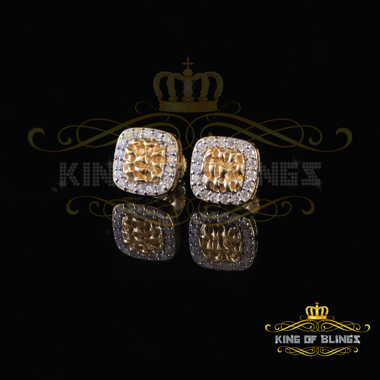 King  of Bling's 1.00ct Moissanite Yellow 925 Silver Women Round Edge Square Shape Nugget Earring