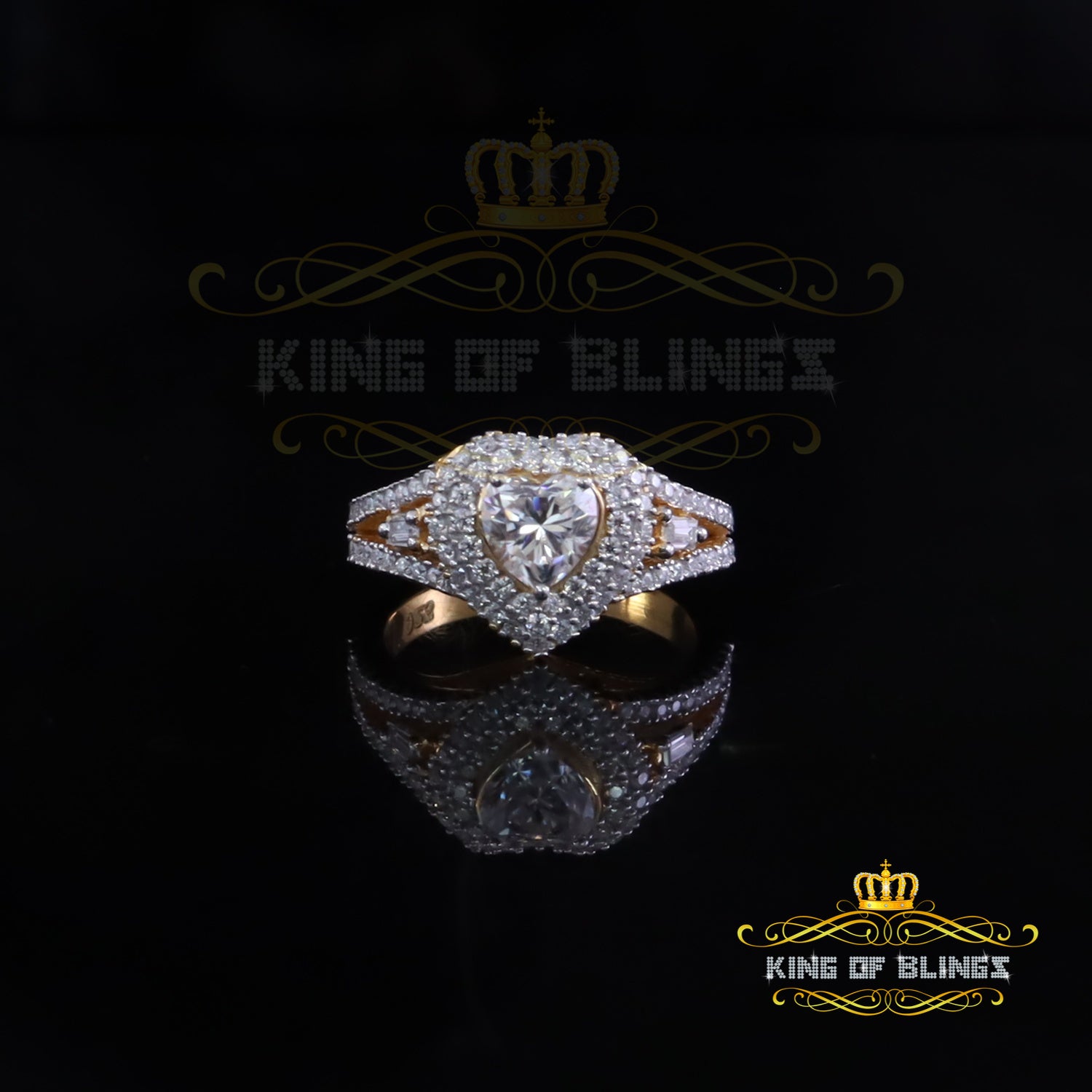 King of Bling's Heart Ring Sz 7 for Women 925 Yellow Silver 1.50ct VVS D HEART Moissanite stone King of Blings
