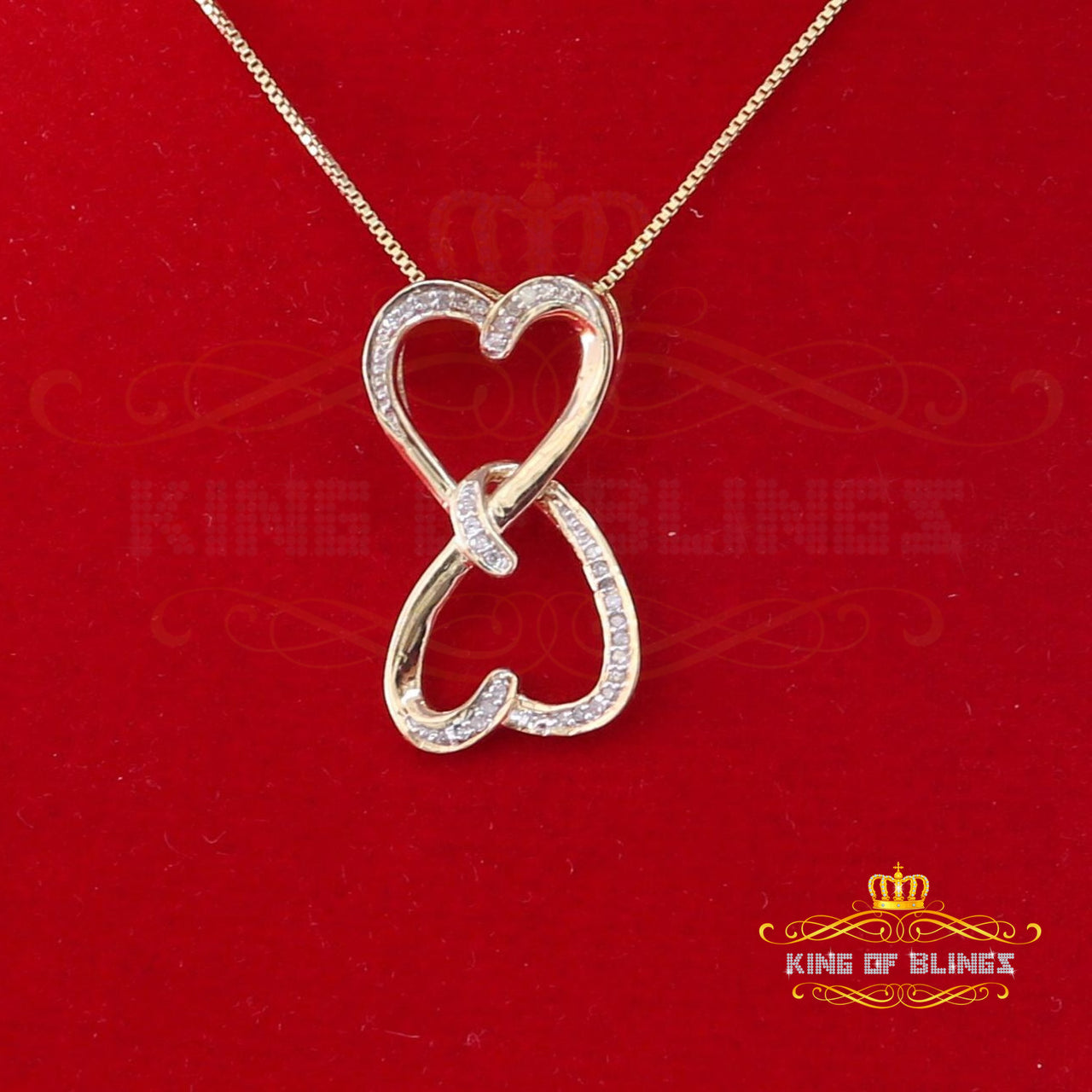 King Of Bling's Real 0.10ct Diamond Sterling Silver Double Heart Charm Necklace Yellow Pendant KING OF BLINGS