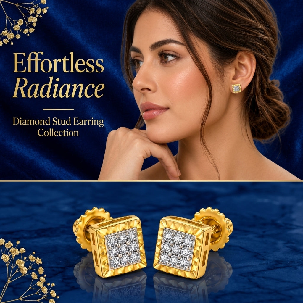 King Of Bling's 0.05ct Diamond For Yellow 925 Sterling Silver Men's & Women's Square Earrings KING OF BLINGS