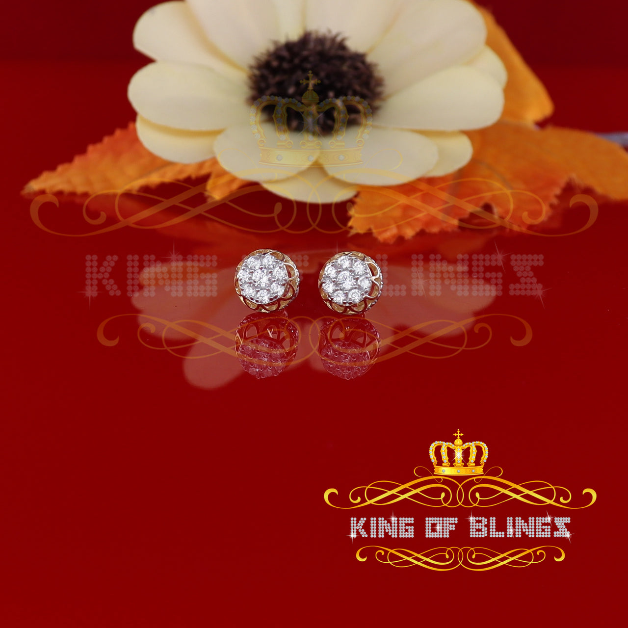 King of Bling's 1.14ct Cubic Zirconia 925 Yellow Silver Women's & Men's Hip Hop Flower Earrings KING OF BLINGS