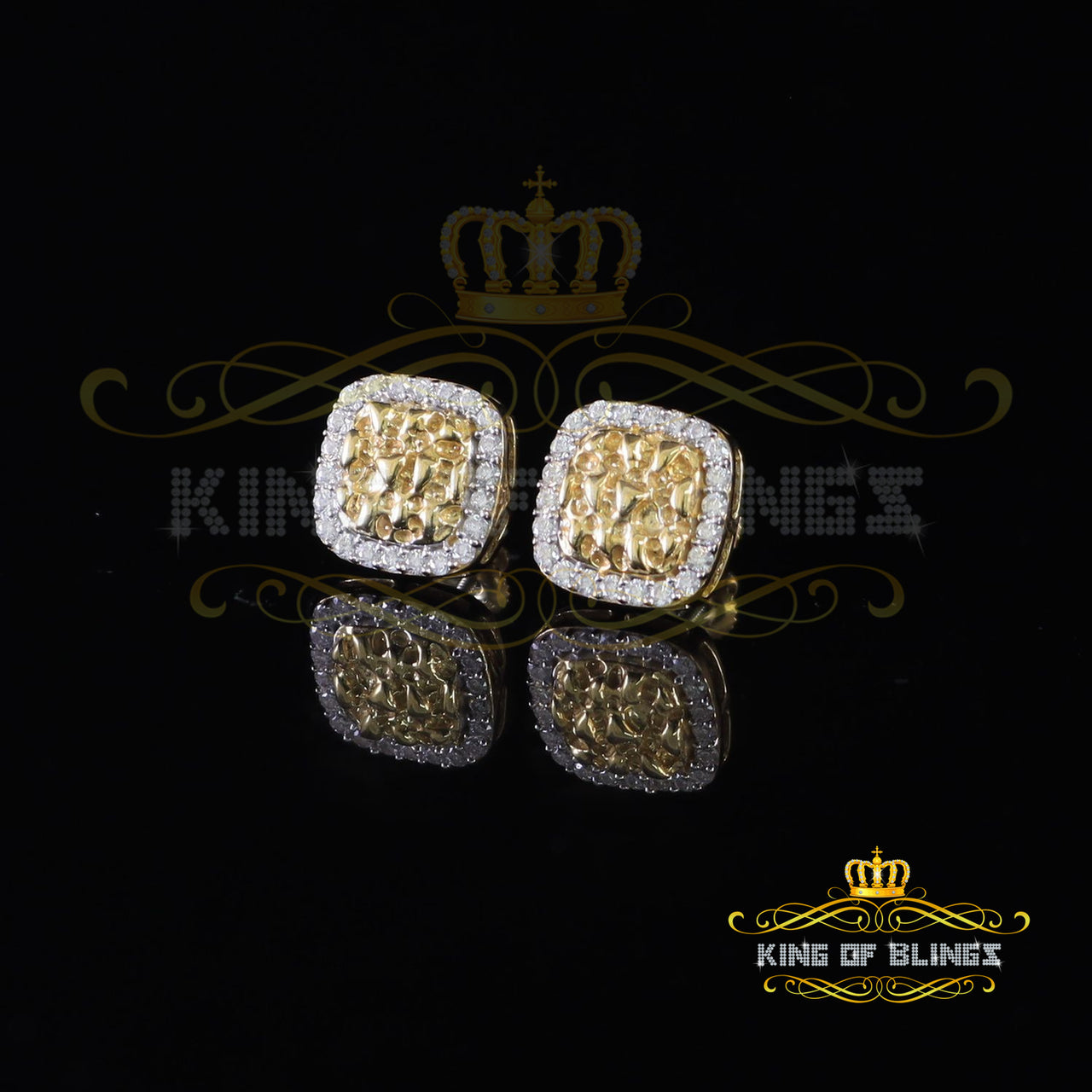 King  of Bling's 1.50ct Moissanite Yellow 925 Silver Women Round Edge Square Shape Nugget Earring