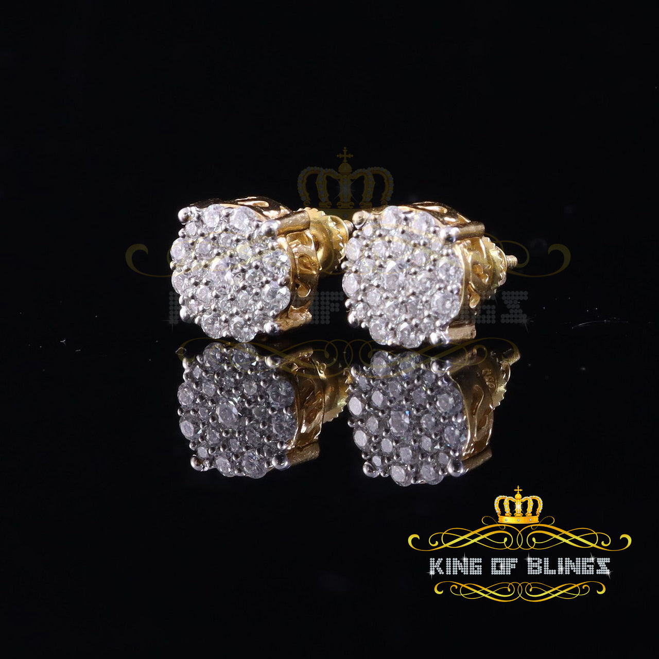 King  of Bling's 1.00ct Cluster Earrings For Mens & Womens Moissanite 925 Sterling Silver Yellow