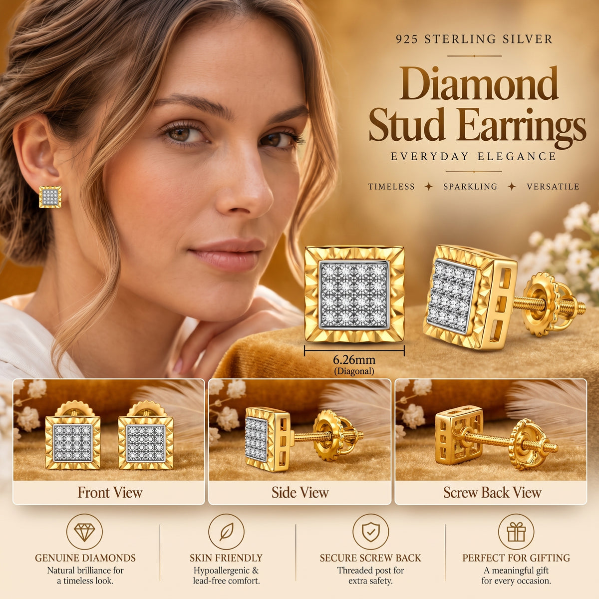 King Of Bling's 925 Sterling Silver 0.10ct Small Diamond For Women's & Men's Yellow Stud Earring KING OF BLINGS