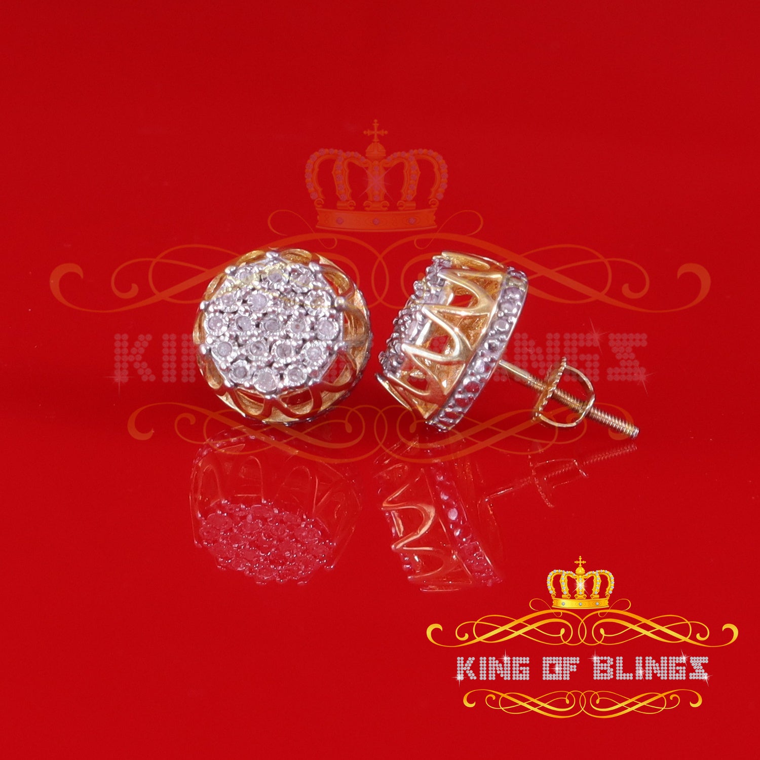 King of Blings-0.08ct Diamond 925 Sterling Yellow Silver for Men's & Womens Stud Crown Earrings KING OF BLINGS