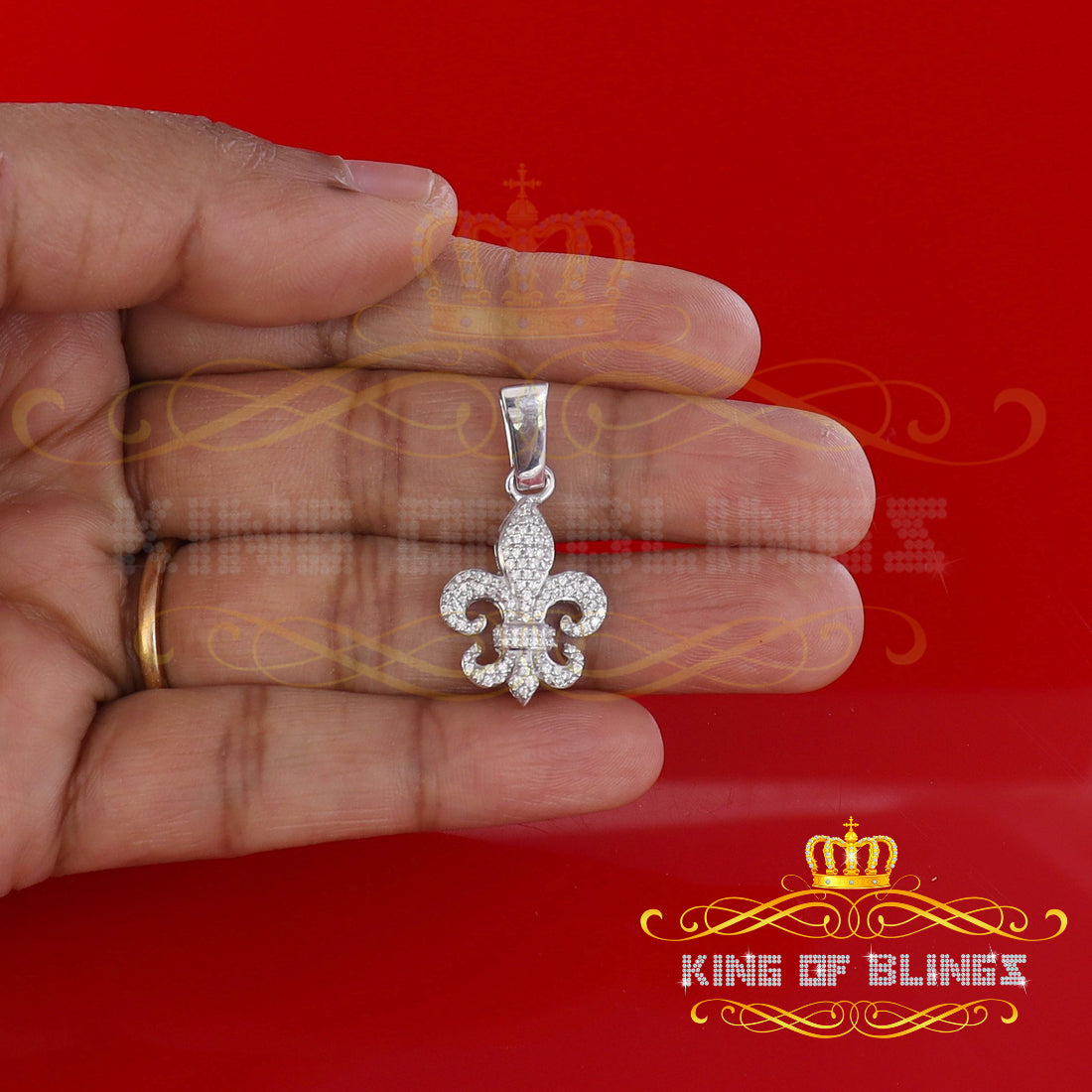 White Fleur de Lis Shape Sterling Silver Pendant with 0.88ct Cubic Zirconia KING OF BLINGS
