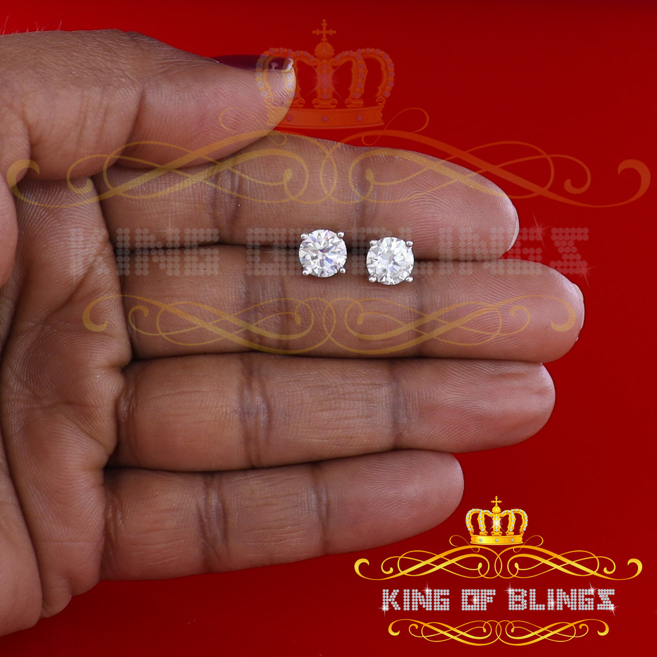 King Of Bling's 10K Real White Gold with 2.00ct Round VVS 'D' Color Moissanite Stud Earrings