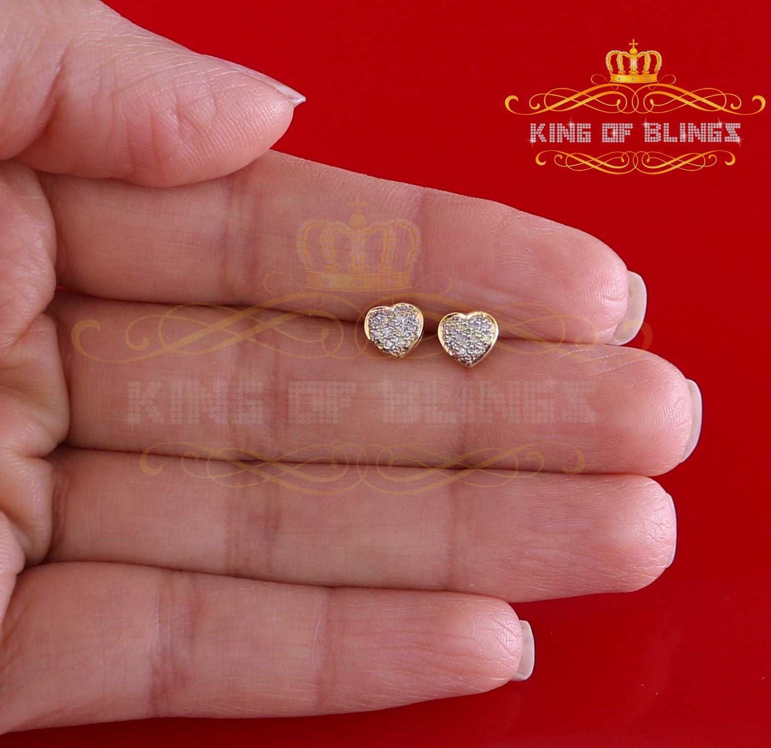 King Of Bling's 10K Real Yellow Gold Real Diamond 0.08CT Men's/Women's Stud Micro Heart Earring KING OF BLINGS