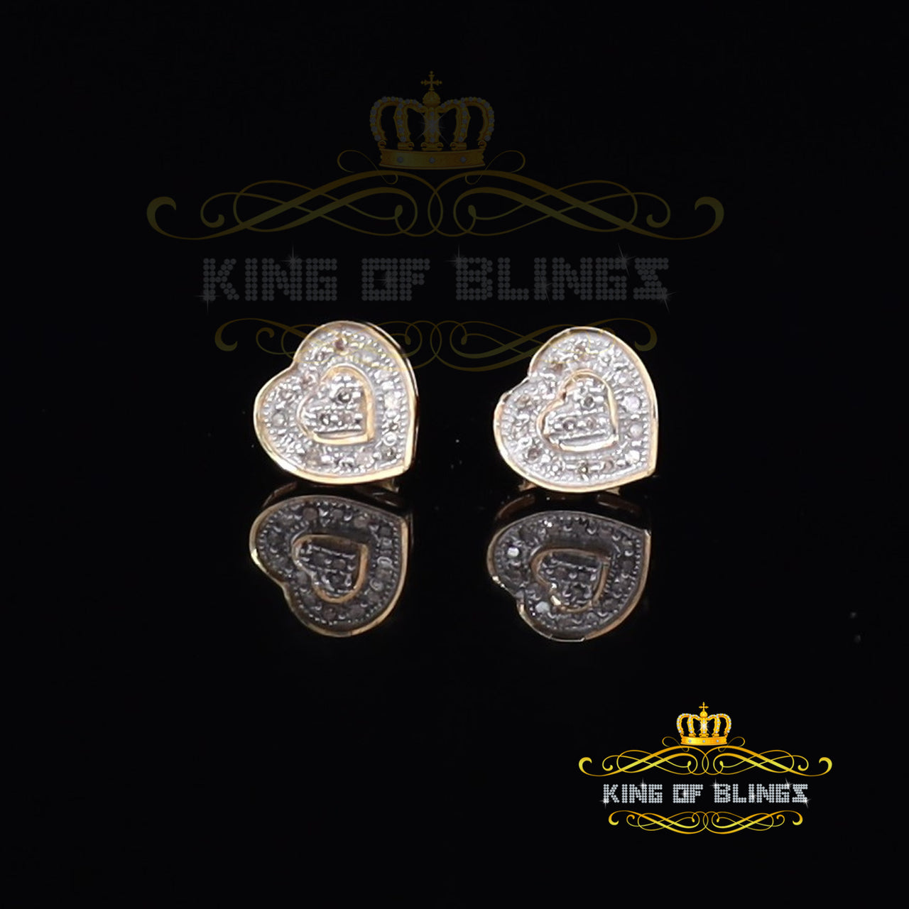 King of Blings-Micro Pave 0.11ct Real Diamonds 925 Yellow Silver Women's & Men's Heart Earrings KING OF BLINGS