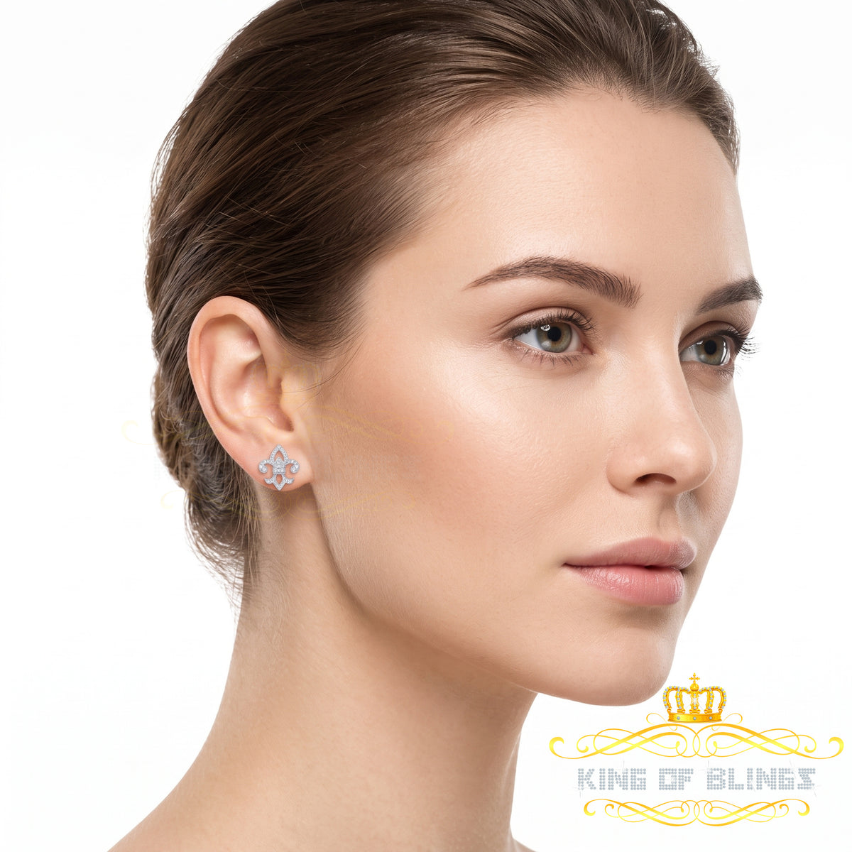 King of Bling's 0.60ct Cubic Zirconia 925 White Silver Women's Fleur de Lis Screw Back Earrings KING OF BLINGS