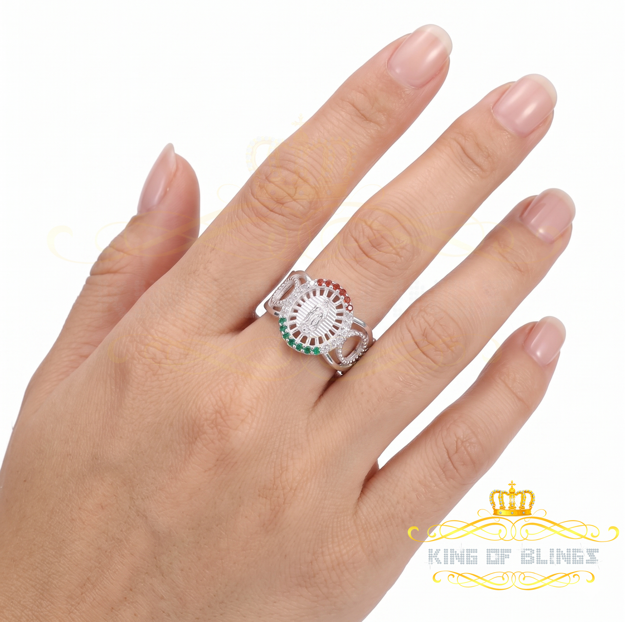King Of Bling's925 White Virgin Merry Red & Green Round Shape CZ Women's Religious Ring SZ 8 KING OF BLINGS