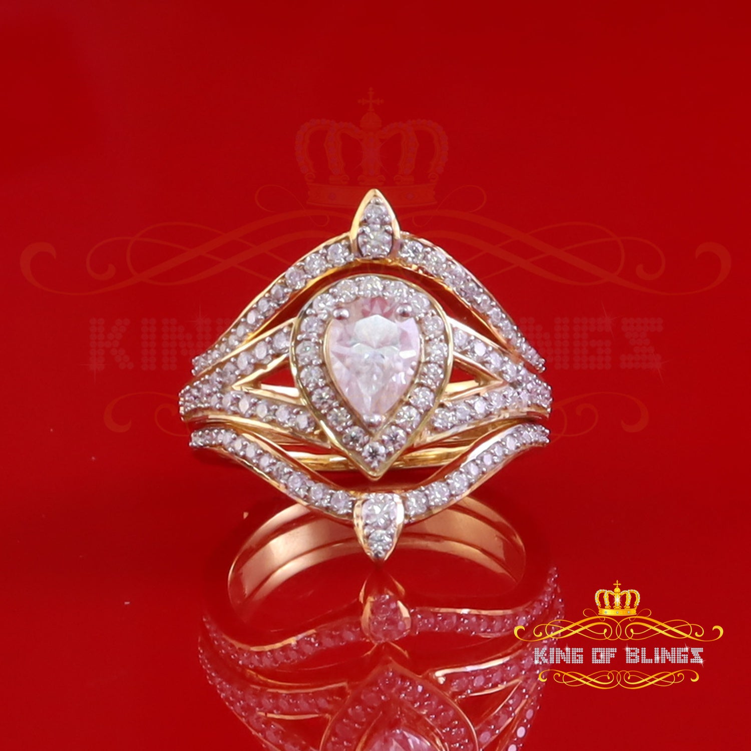 King of Bling's 925 Silver Yellow Enhancer Guard Wrap 1.75ct VVS D Pear Moissanite Ring Size 7 King of Blings