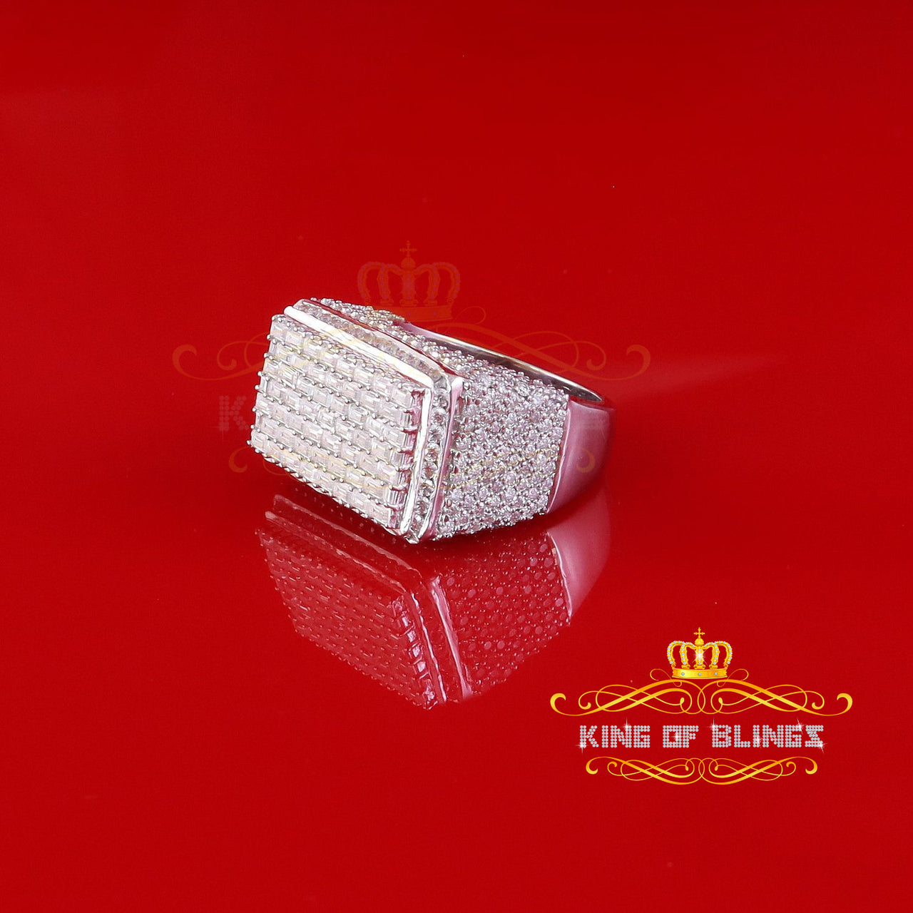 King of Bling's Men's/Womens 925 White Silver 6.50ct VVS 'D' Moissanite Rectangle Rings Size 10