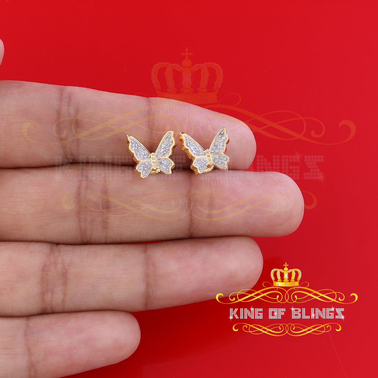 King of Blings-Women's 0.15ct Real Diamond Butterfly Stud Earrings Yellow 925 Sterling Silver