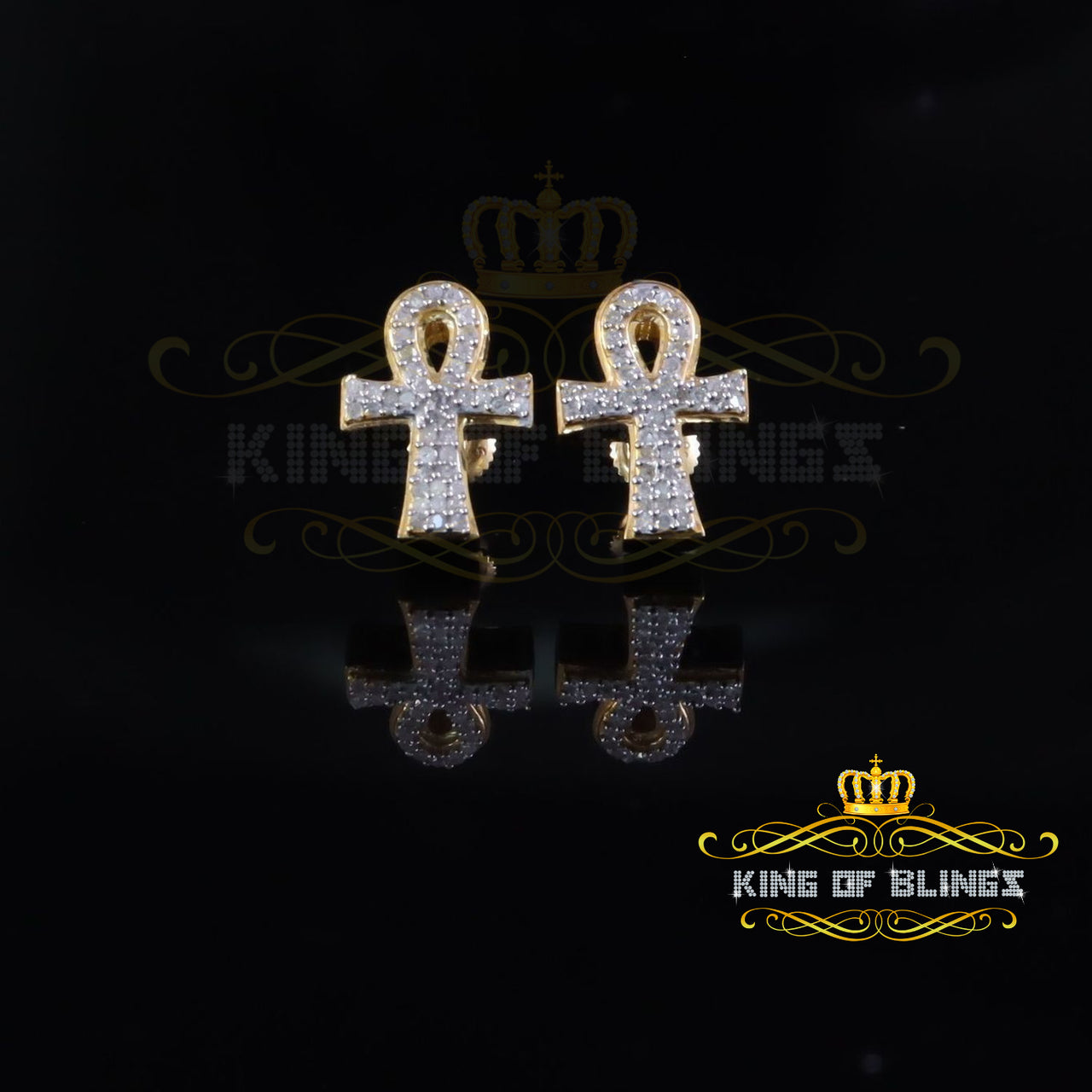 King of Blings-0.40ct Diamond 925 Sterling Silver Yellow for Men's & Women Stud ANKH Earring