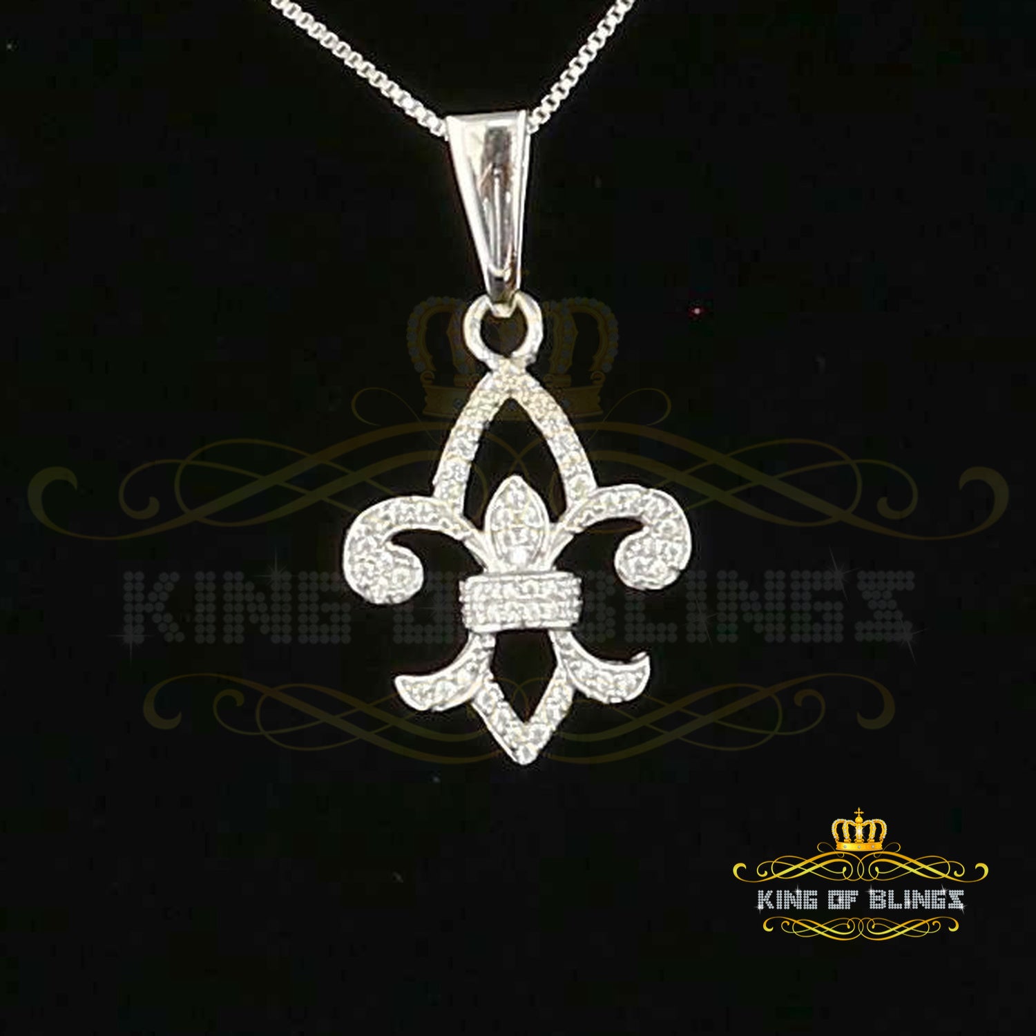 White Sterling Silver with Fleur de Lis Shape Pendant 0.57ct Cubic Zirconia KING OF BLINGS