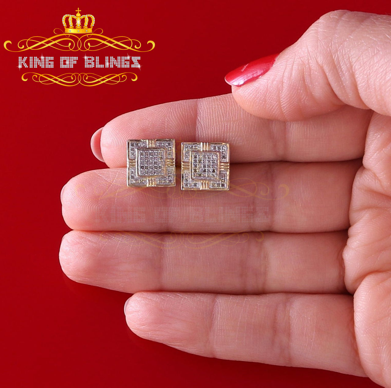 King of Blings-925 Sterling Silver Yellow Hip Hop 0.30ct Diamond Men's/ Women's Square Earrings