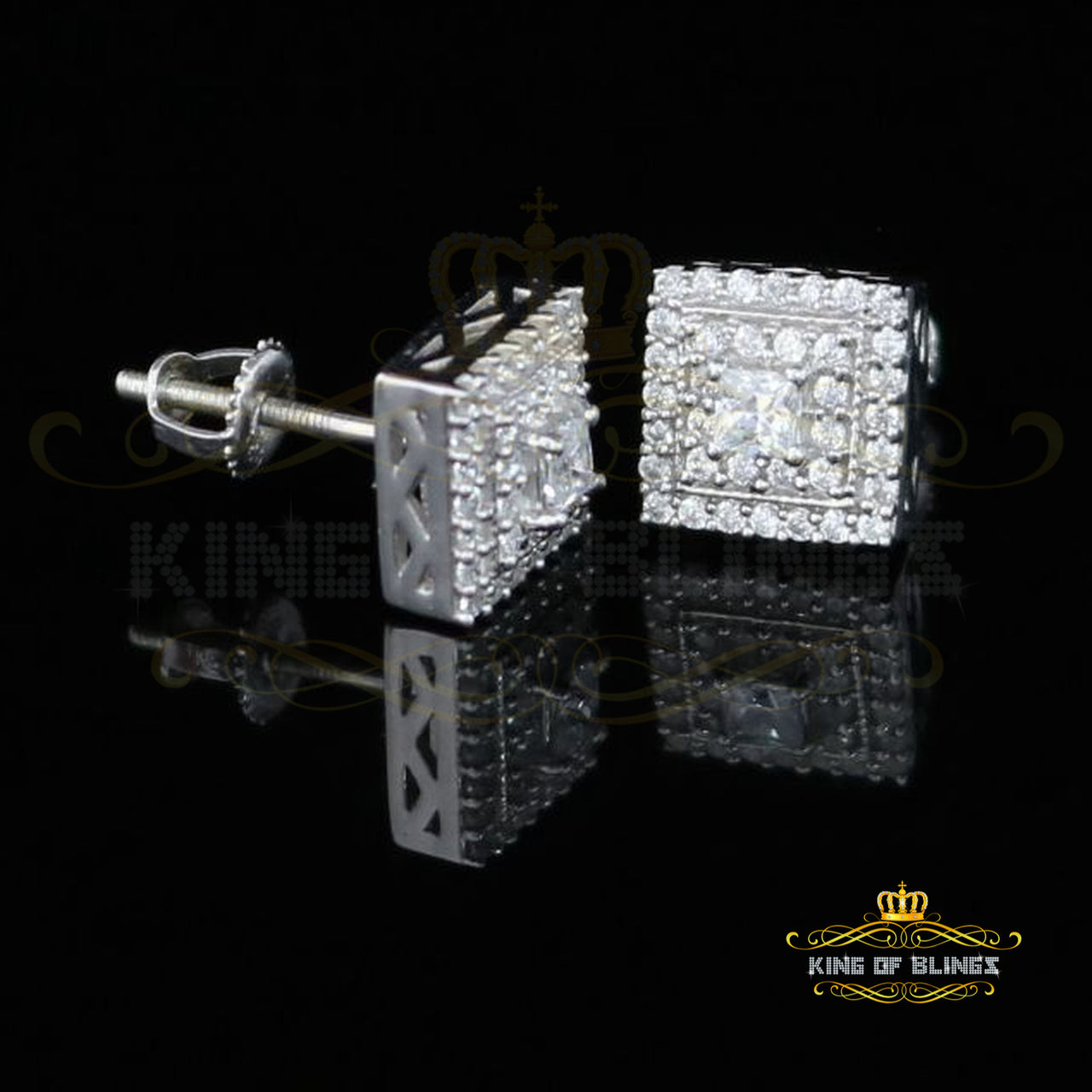 King of Blings- Hip Hop 925 White Silver 1.12ct Cubic Zirconia Women's & Men's Square Earrings KING OF BLINGS