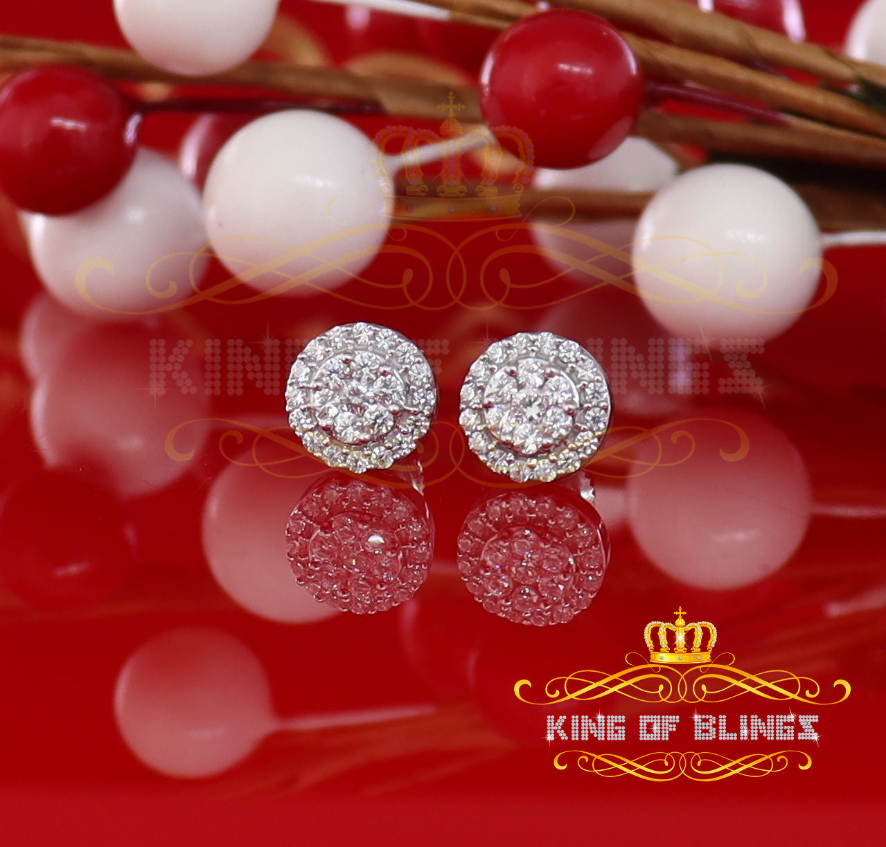King of Blings- 925 White Silver 0.90ct Cubic Zirconia Women's & Men's Hip Hop Floral Earrings KING OF BLINGS