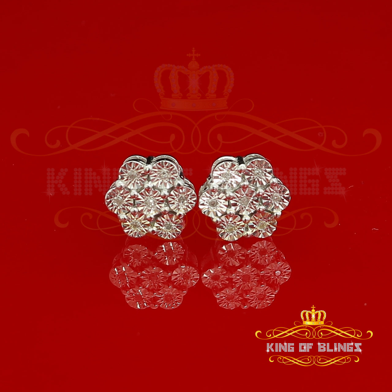 King Of Bling's 0.05ct Diamond 925 Sterling Silver White Floral Earrings For Men's / Women's