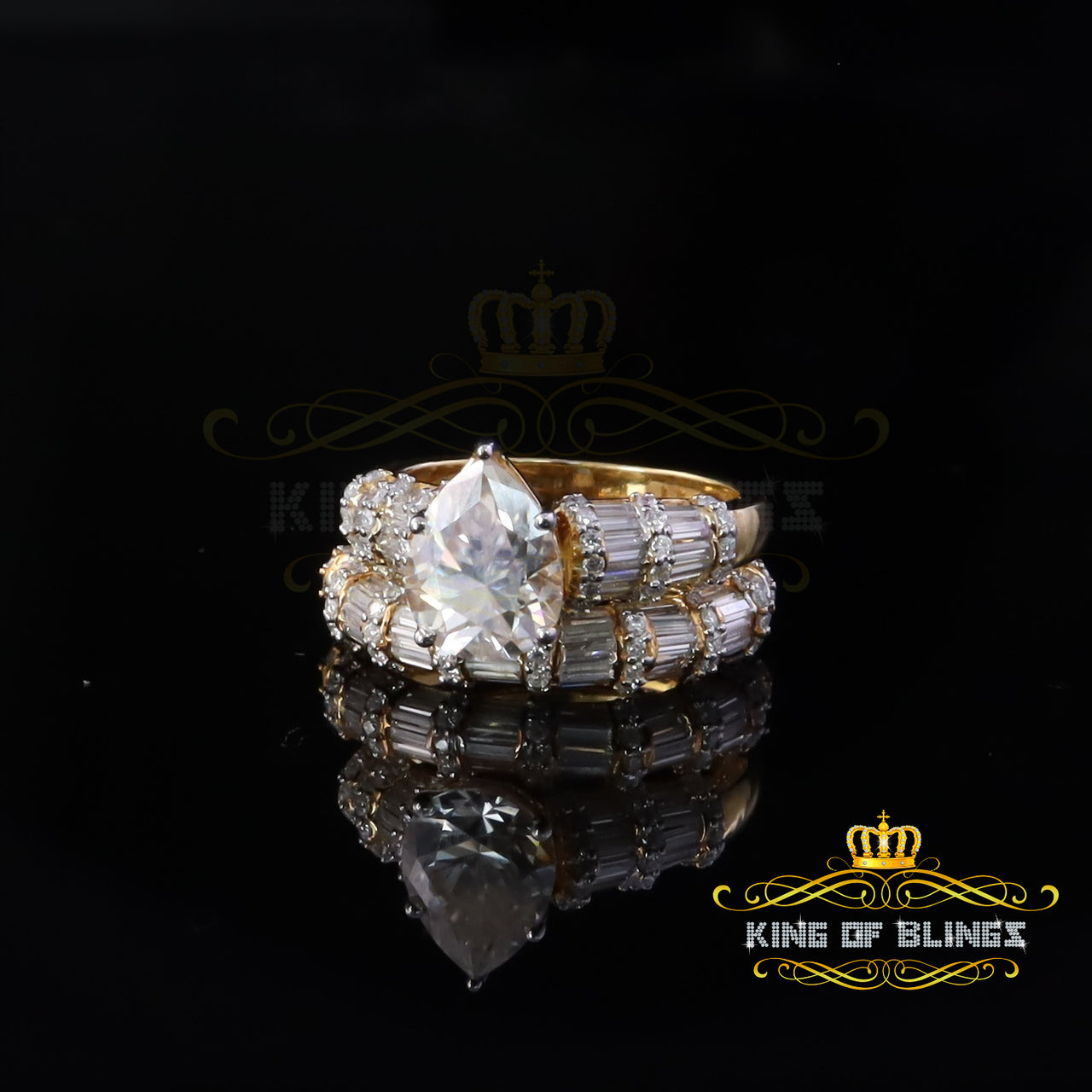 King of Bling's 925 Silver Moissanite 6.00ct Pear Cut Yellow Sapphire 2pc Bridal Set Ring Size 8