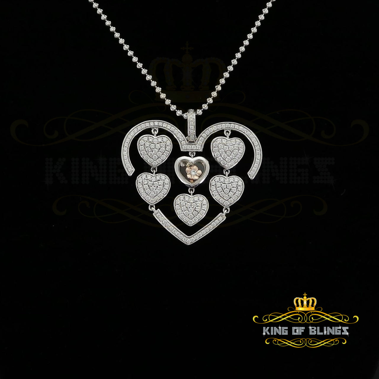 King Of Bling's Many White Hearts Sterling Silver Floating Pendant Iced Out with Cubic Zirconia