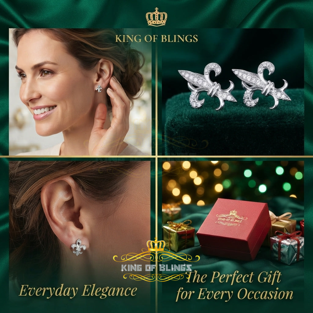 King of Bling's 925 White Silver Fleur de Lis Screw Back 0.25ct Cubic Zirconia Ladies Earrings KING OF BLINGS