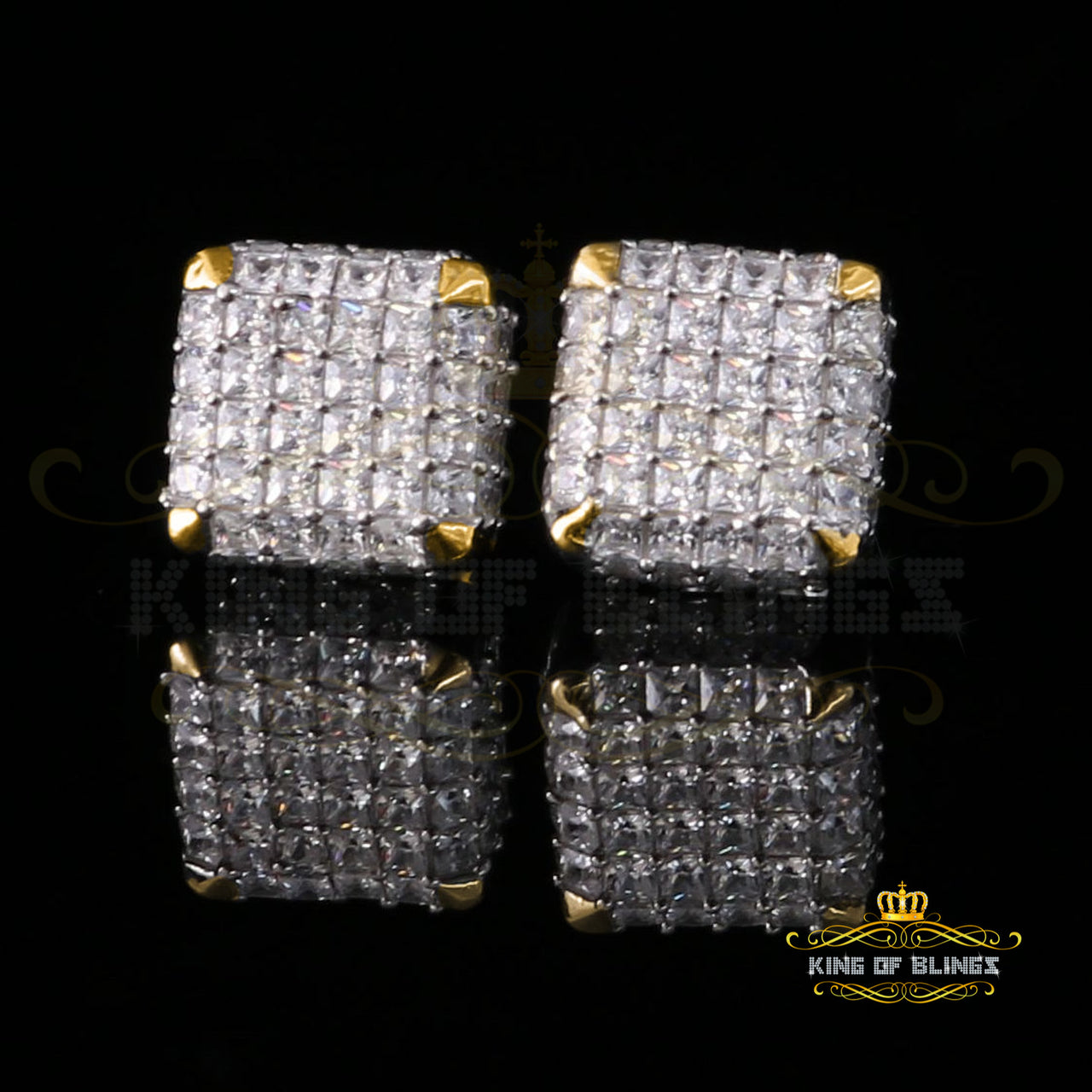 King of Bling's 1.95ct Cubic Zirconia 925 Yellow Silver Women & Men Hip Hop Square Earrings KING OF BLINGS