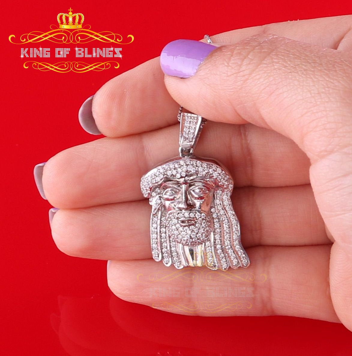 King Of Bling's White 925 Sterling Silver Pendant with Jesus Face Shape 1.89ct Cubic Zirconia KING OF BLINGS