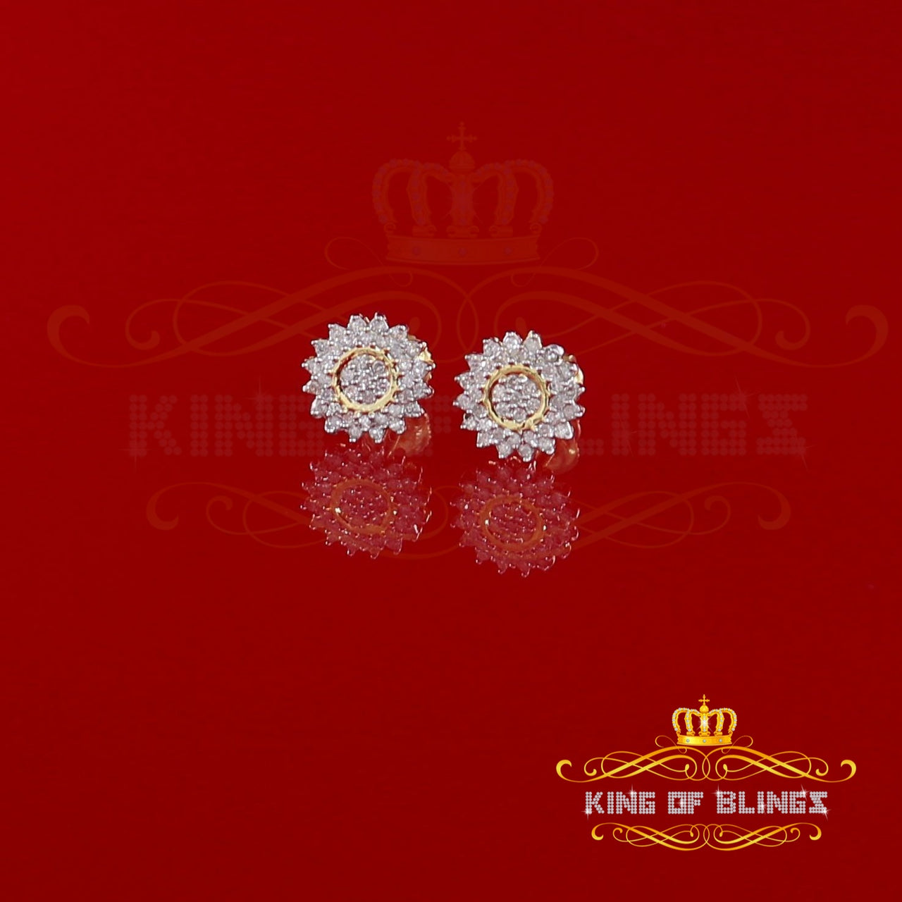 King Of Bling's 10K Real Yellow Gold with 0.35CT Real Diamond Men's/Women's Stud Floral Earrings