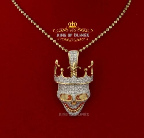 Yellow Sterling Silver Skull Crown Hat sign Pendant with 3.34ct Cubic Zirconia KING OF BLINGS