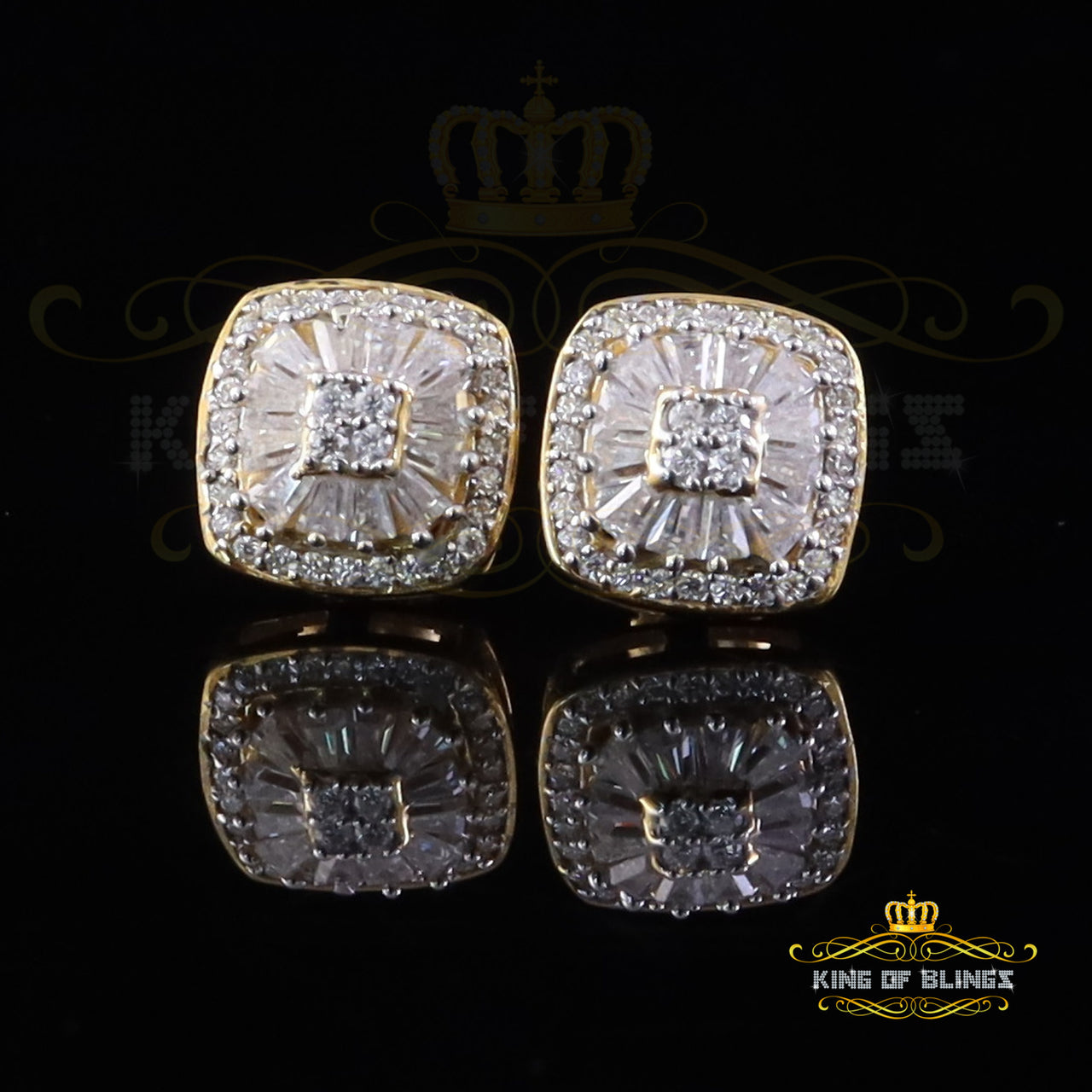 King of Bling's Yellow Silver 1.00ct VVS 'D' Moissanite Floral Square Earring Womens/Men's KING OF BLINGS