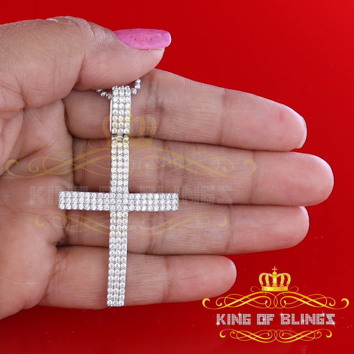 3 Rows with White CROSS Shape Pendant 925 Sterling Sliver 3.75ct Cubic Zirconia KING OF BLINGS