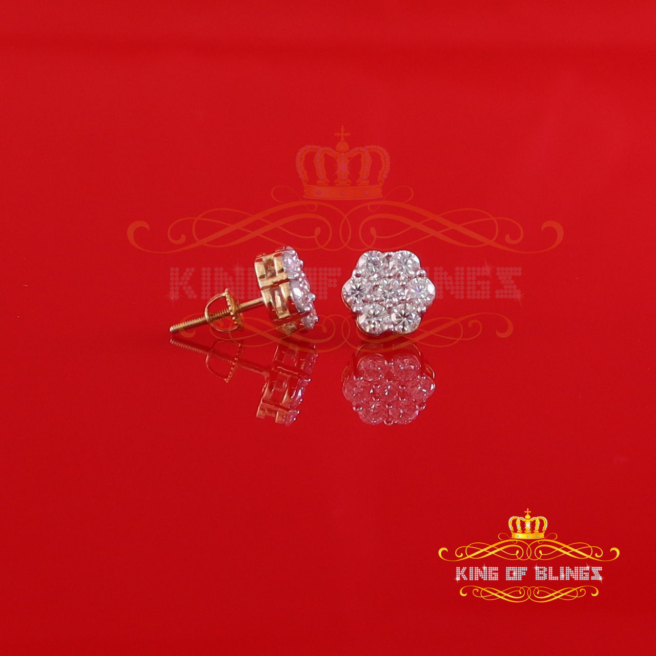 King Of Bling's Stud FLORAL Earrings 10k Real Yellow Gold 1.50ct Vvs 'D' Color Real Moissanite