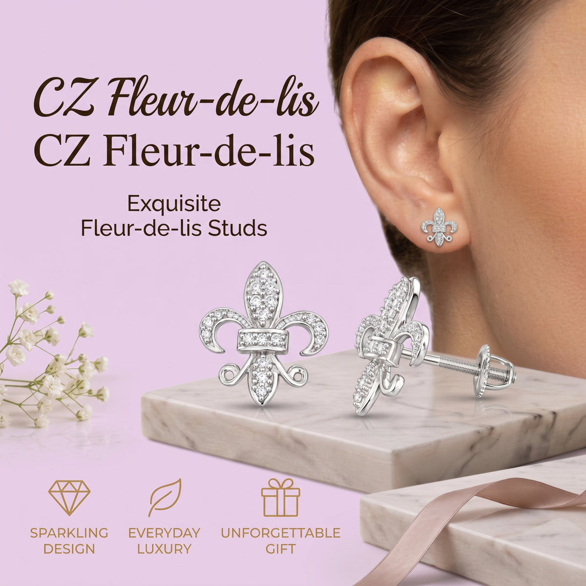 King of Bling's 925 White Silver Women's Fleur de Lis Screw Back 0.36ct Cubic Zirconia Earrings KING OF BLINGS