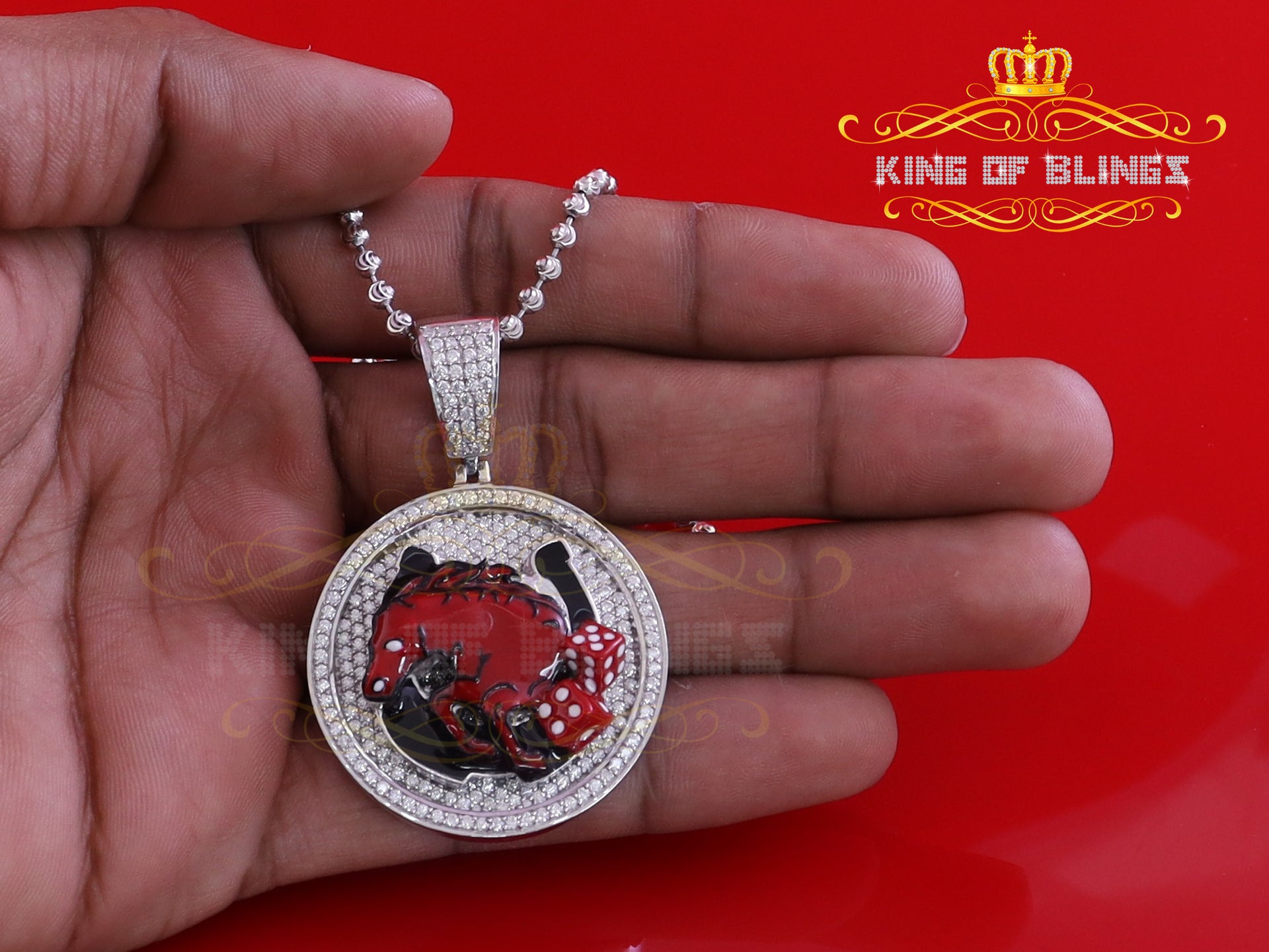 King Of Bling's 925 Silver White "HORSE SHOE" Enamel Pendant with 5.00ct Genuine Moissanite KING OF BLINGS