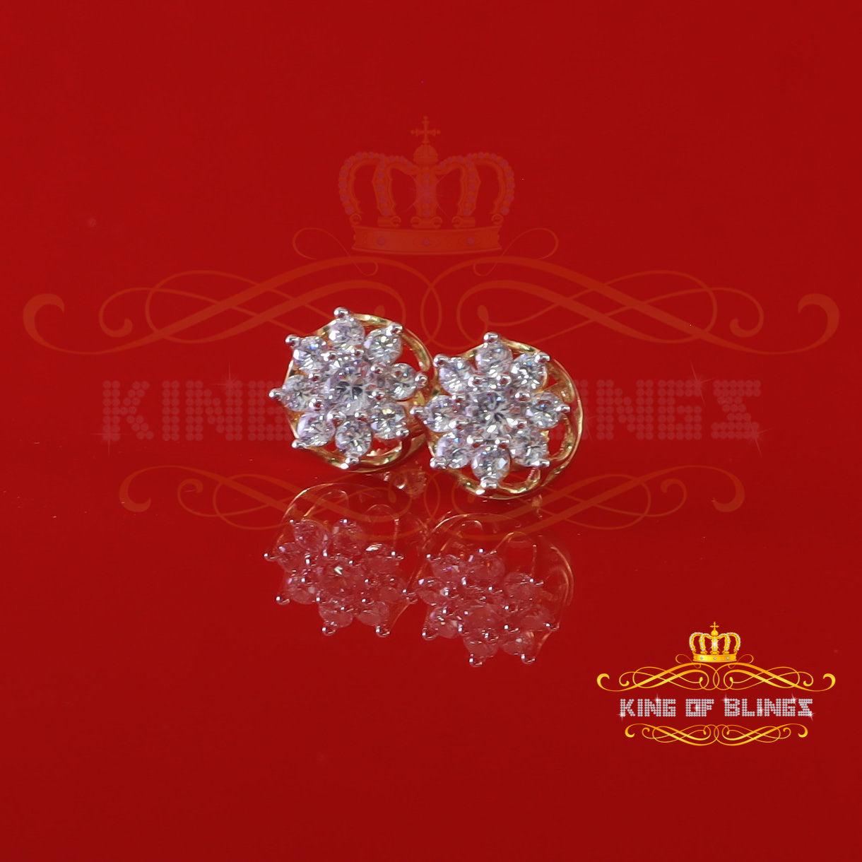 King of Bling's 3.20ct Cubic Zirconia 925 Yellow Sterling Silver Hip Hop Flower Ladies Earrings