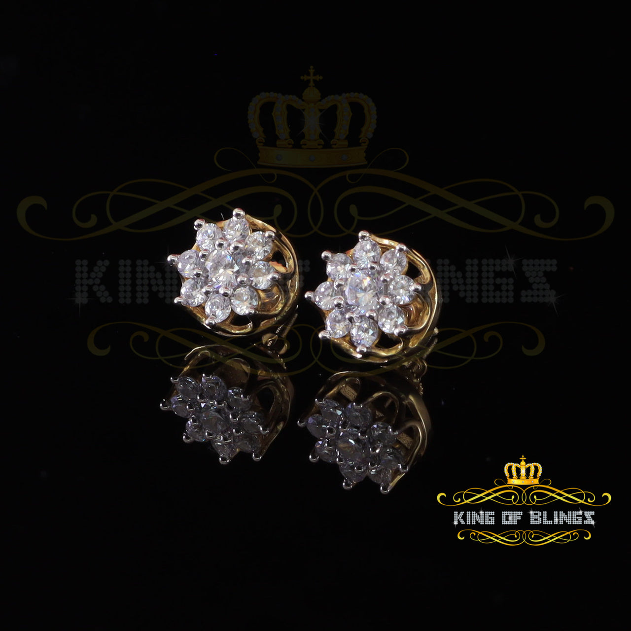 King of Bling's 3.20ct Cubic Zirconia 925 Yellow Sterling Silver Hip Hop Flower Ladies Earrings