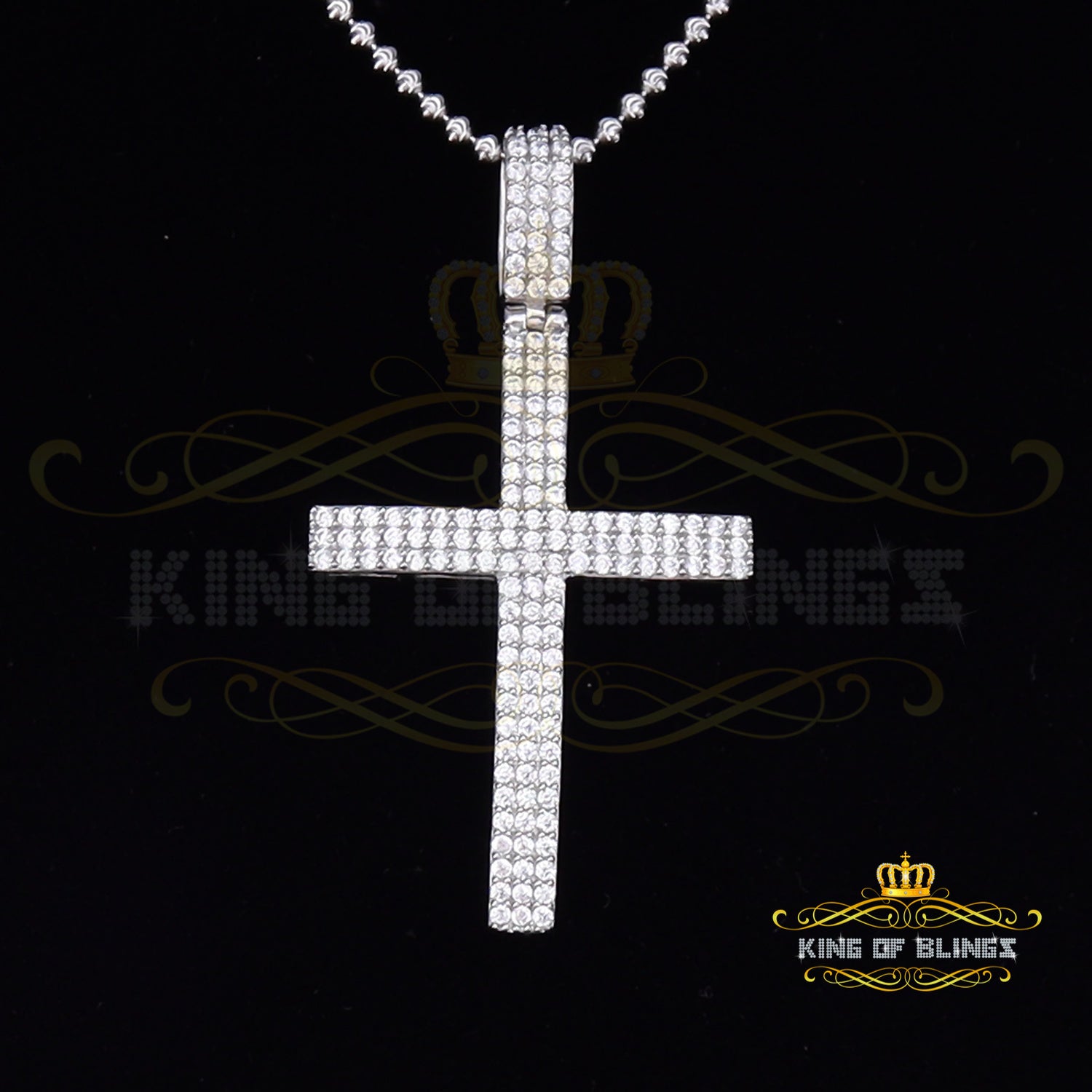 3 Rows with White CROSS Shape Pendant 925 Sterling Sliver 3.75ct Cubic Zirconia KING OF BLINGS