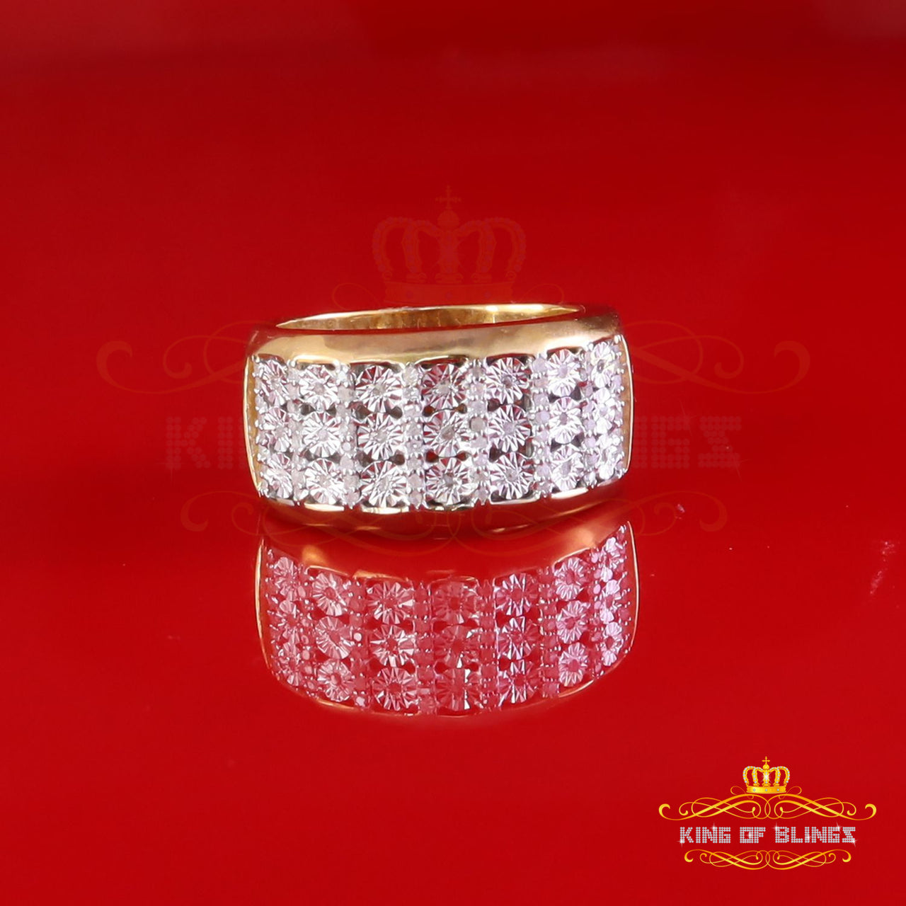 King Of Bling's Mirage Set Real 0.30ct Diamond 925 Yellow Silver Wedding Band Men's Ring Sz 10