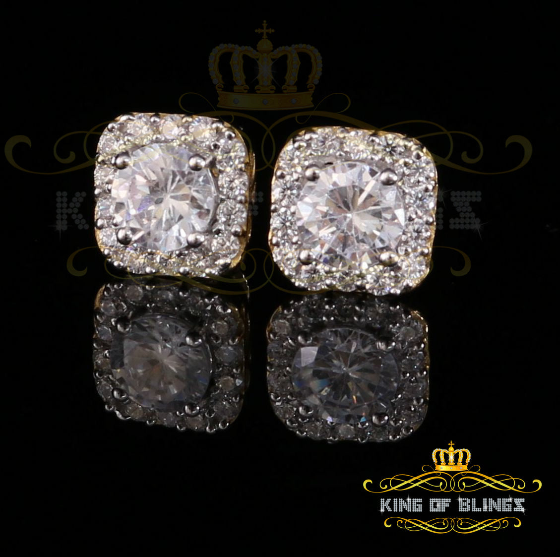 King of Bling's 3.8ct Cubic Zirconia 925 Yellow Silver Women's & Men's Hip Hop Square Earrings