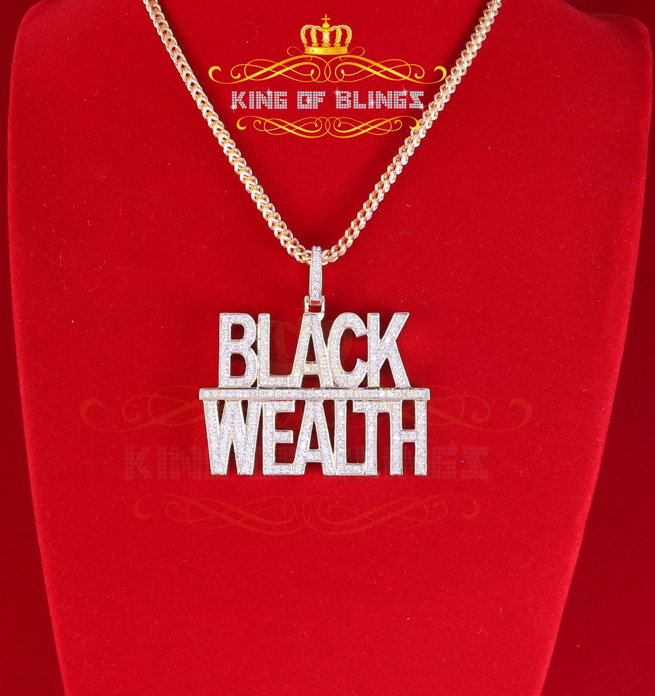 King Of Bling's Promise Yellow Sterling Silver BLACK WEALTH Sign Pendant 9.30ct Cubic Zirconia