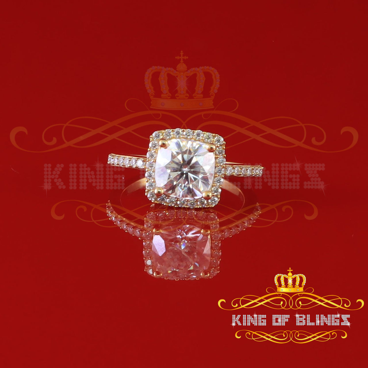 King Of Blings  10K Yellow Gold 3.00CT 'VVS' 'FL' D clr Cushion Cut Moissonite Womens Ring S/7