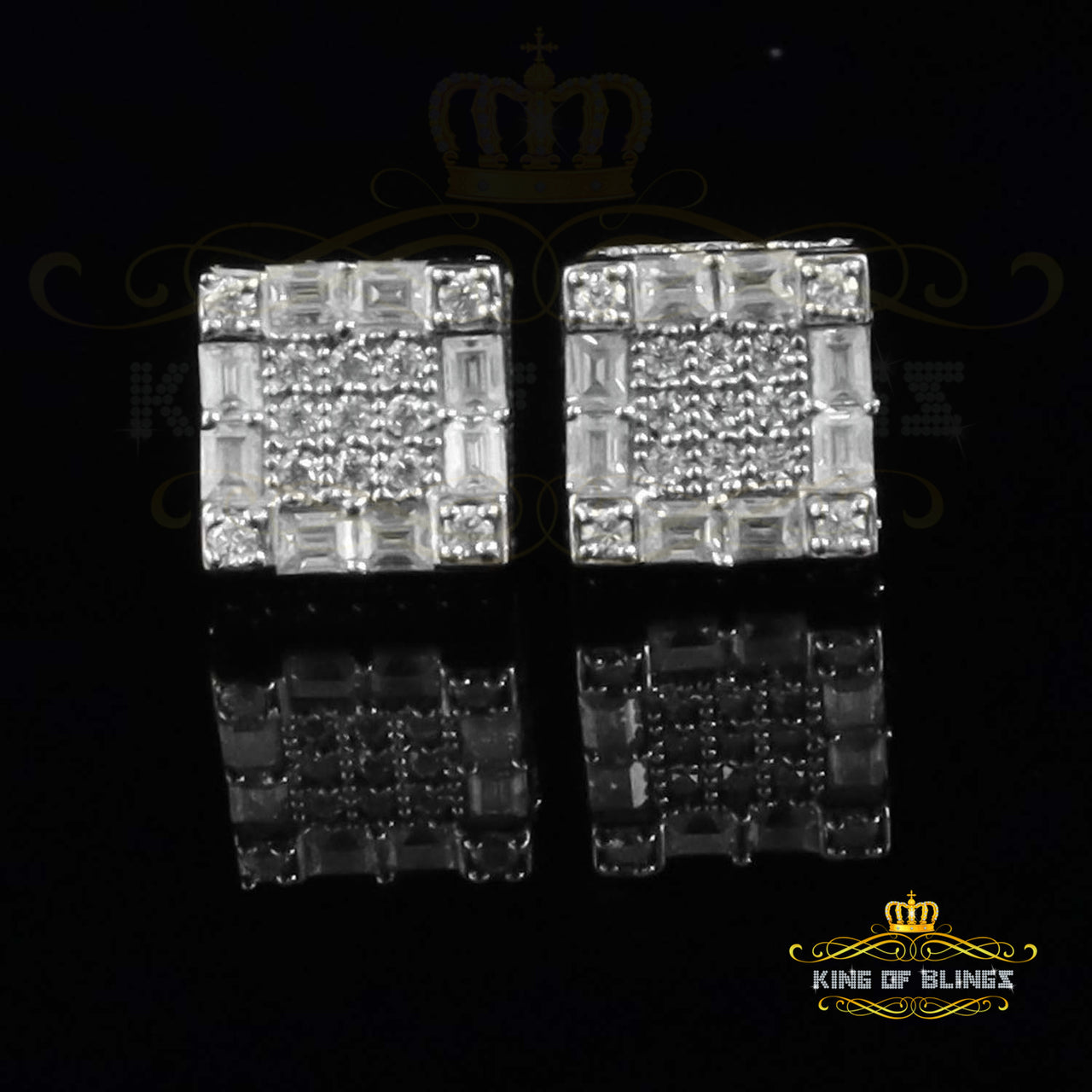 King of Bling's White Silver 1.00ct VVS 'D' Moissanite Square Stone Earring Men's/Womens KING OF BLINGS