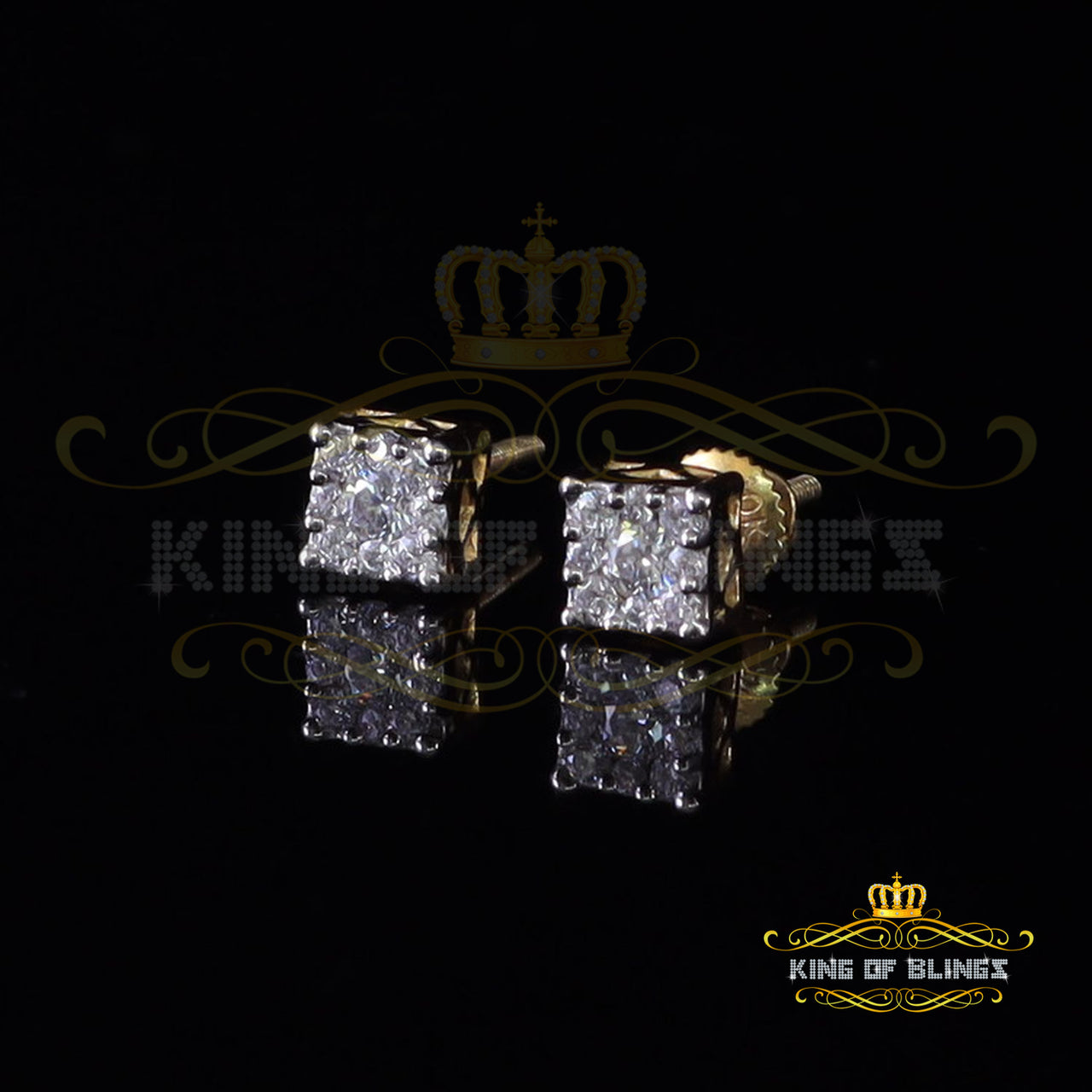 King Of Bling's Real Moissanite Stud Square Earrings 10k Real Yellow Gold 0.33ct Vvs 'D' Color