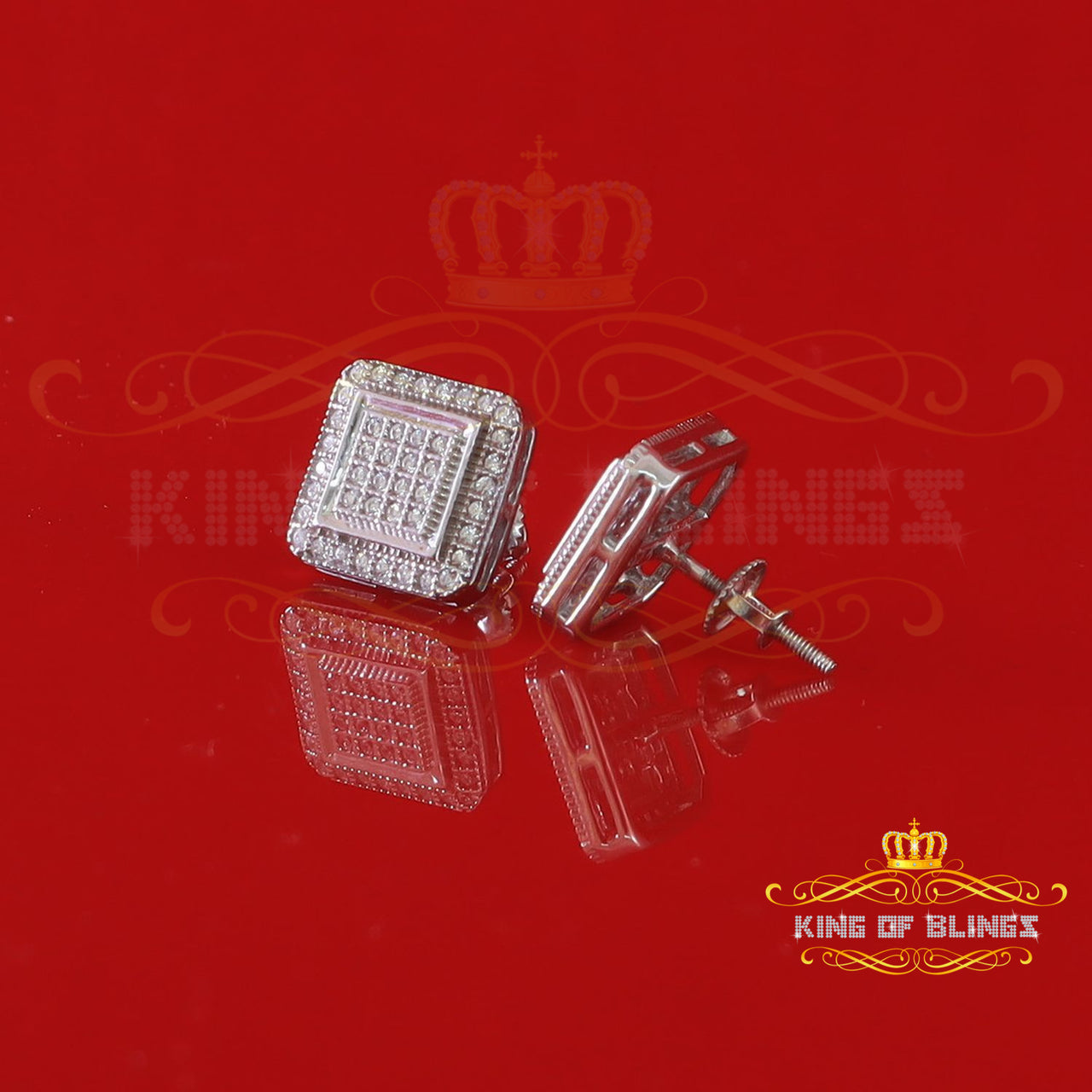 King of Bling's 0.70ct Cubic Zirconia Men & Women White 925 Silver Screw Back Square Earring