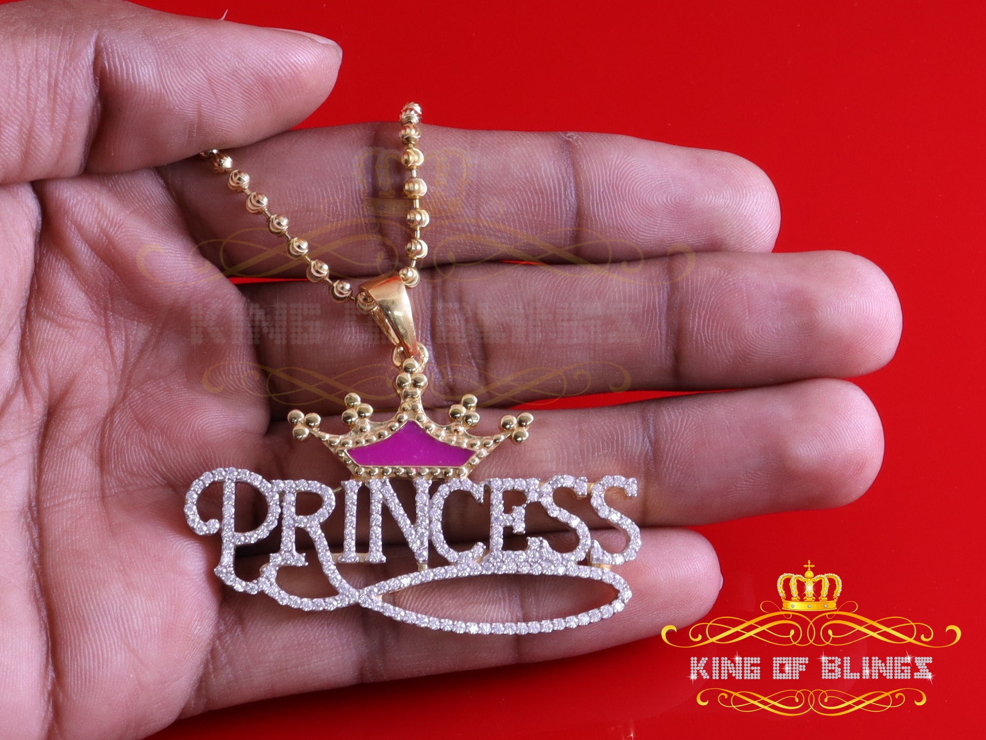 King Of Bling's 3ct Real Moissanite 925 Silver "PRINCESS" with Pink Enamel CROWN Yellow Pendant KING OF BLINGS