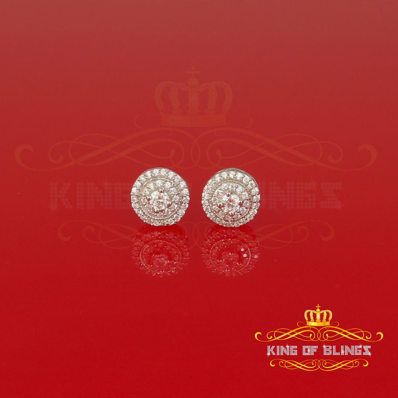King of Bling's White Silver 925 Aretes Para Hombre 0.92ct Cubic Zirconia Women's Round Earring
