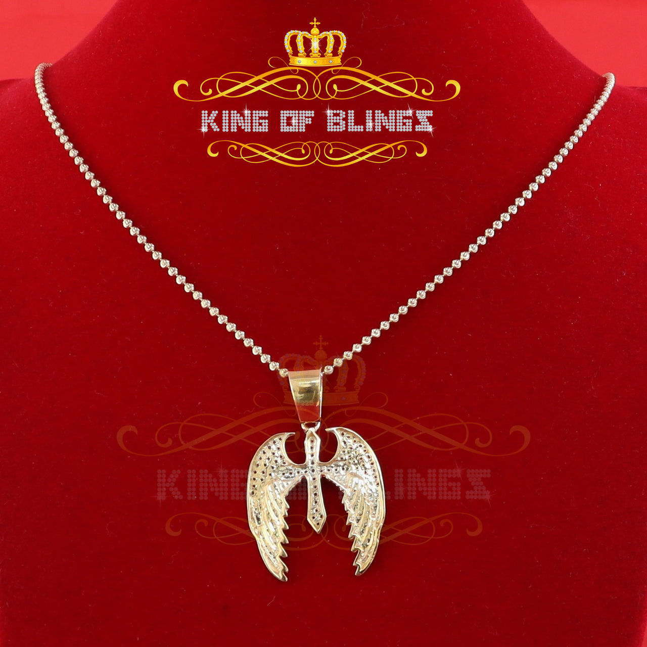 Small 1.50ct Cubic Zirconia 925 Sterling Silver Yellow Pendant Cross Angel Wing KING OF BLINGS