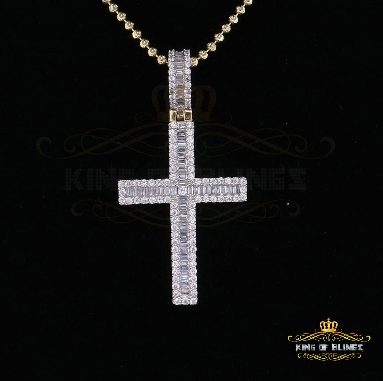 Yellow 925 Sterling Silver Baguette Cross Pendant with 3.22ct Cubic Zirconia